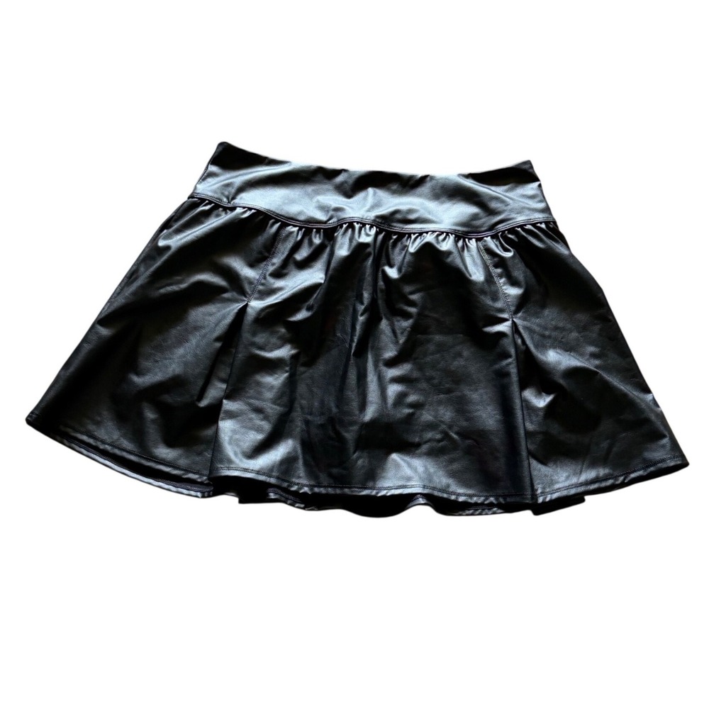 OFFLINE by Aerie Real Luxe Black Faux Leather Mini Skirt Flared Skater Size L